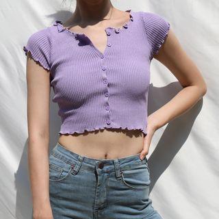 Lettuce Edge Short-sleeve Button Cropped Knit Top