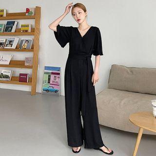 Bell-sleeve Wrap Wide-leg Jumpsuit