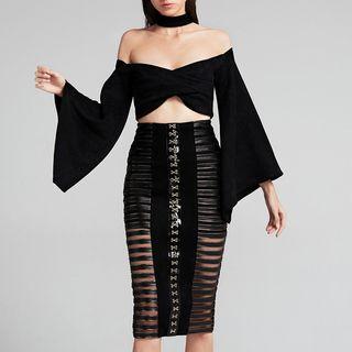 Set: Off-shoulder Cropped Top + Mesh-panel Skirt