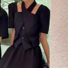 Set: Short-sleeve Cross Strap Blouse + Midi A-line Skirt
