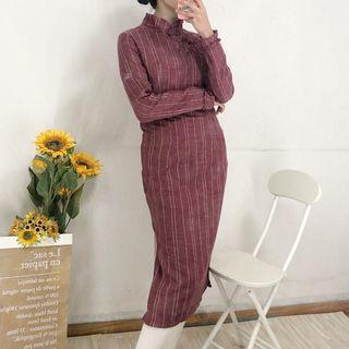 Traditional Chinese Long-sleeve Striped Midi Dress