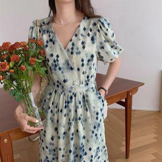 Puff-sleeve Patterned Midi A-line Dress Dark Blue Patterned - Light Yellow - One Size