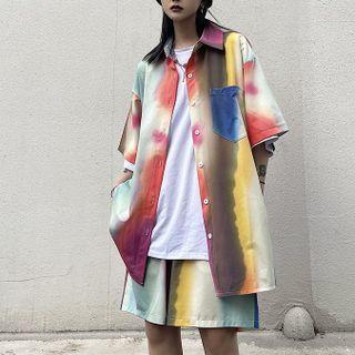 Set : Short-sleeve Printed Shirt + Shorts As Shown In Figure - One Size