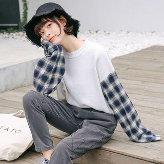 Plaid Panel Color Block Mock Two-piece Round-neck Sweater Blue & White - One Size