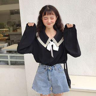 Long-sleeve Contrast Trim Tie-neck Blouse