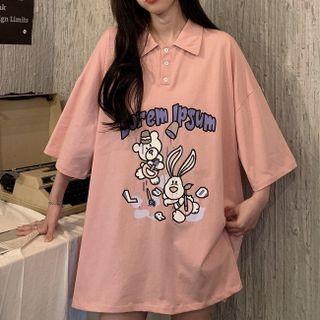 Elbow-sleeve Animal Print Polo Shirt
