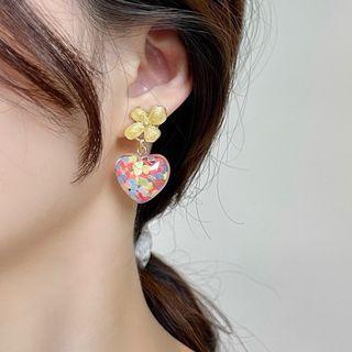 Flower Heart Acrylic Dangle Earring 1 Pair - S925 Silver - Pink & Blue & Green - One Size