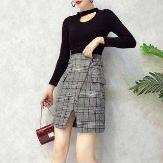 Set: Long-sleeve Cutout Top + Plaid A-line Skirt