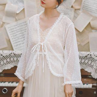 Dotted Ruffled Tie-front Chiffon Jacket