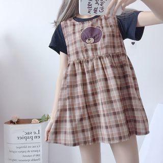 Sleeveless Bear Applique Plaid Mini Dress