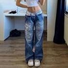Low Waist Heart Print Washed Straight-fit Jeans