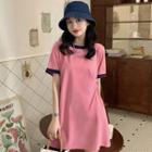 Short-sleeve Contrast Trim Twist-front Mini T-shirt Dress