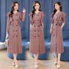 Ruffled Plaid Long-sleeve Double-breasted Midi Dress