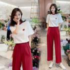 Set: Strawberry Embroidered Short-sleeve T-shirt + Straight-cut Pants