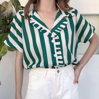 Striped Short-sleeve Frill Trim Shirt