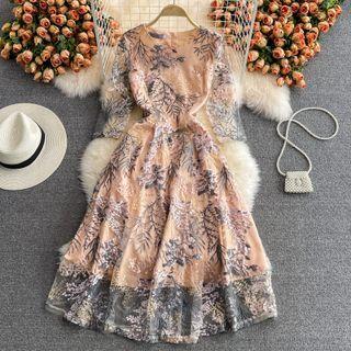 Mesh Overlay Floral Embroidered A-line Dress