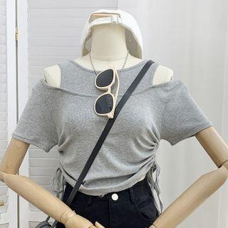 Short-sleeve Cold-shoulder Drawstring Crop Top