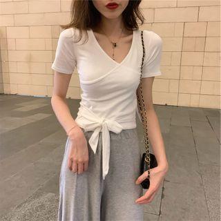 Short-sleeve Wrap Top / Wide-leg Pants