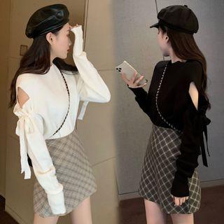 Cutout Knit Top / Mini Plaid A-line Skirt
