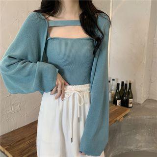 Set: Plain Cardigan + Ribbed Camisole Top