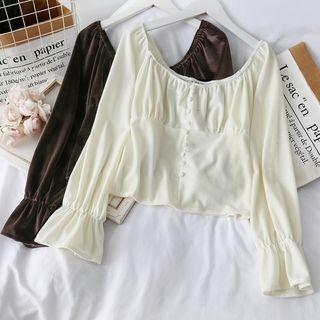 Boatneck Puff-sleeve Velvet Crop Top