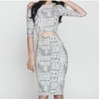 Print Cold Shoulder Elbow-sleeve Sheath Dress