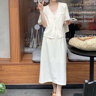 Elbow-sleeve One-button Jacket / Midi A-line Skirt