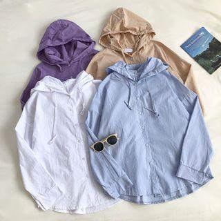 Plain Single-breasted Long-sleeve Hooded Blouse