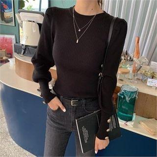 Buttoned Bishop-sleeve Knit Top