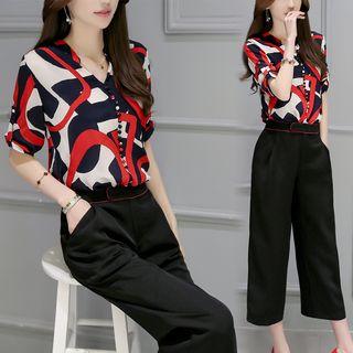 Set: V-neck Printed Elbow Sleeve Blouse + Cropped Wide Leg Pants
