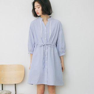 3/4-sleeve Striped Buttoned A-line Mini Dress