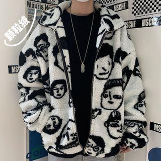 Face Print Stand-collar Fleece Jacket