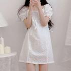 Puff-sleeve Square-neck Plain Tie-accent Cutout Dress