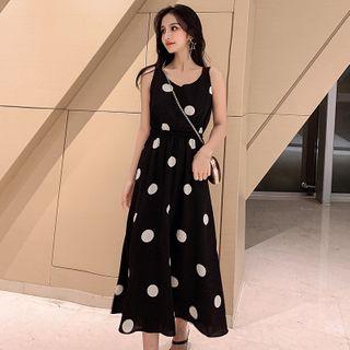 Dotted Sleeveless Midi A-line Chiffon Dress