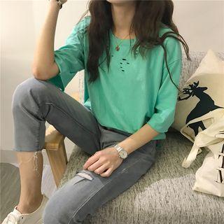 Loose-fit Plain Distressed Short-sleeve T-shirt