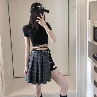 Short-sleeve Cross-strap Crop Top/ Cut Out Plaid Pleated Skirt/ Cut Out Shorts/ Belt