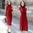 Long-sleeve Mock-neck Tie-waist Knit Midi A-line Dress