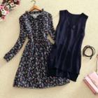 Set: Knit Vest + Long-sleeve Floral A-line Dress