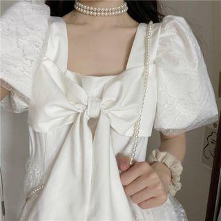 Puff-sleeve Lace Bow Accent A-line Dress