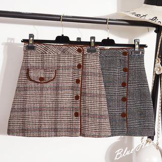 Button-front Plaid Mini A-line Skirt