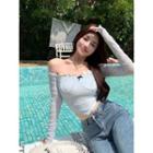 Long-sleeve Off-shoulder Frill Trim Crop Top Blue - One Size