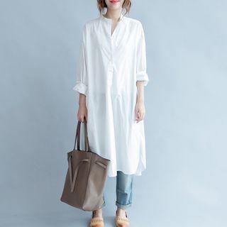 Elbow-sleeve Plain Midi Shirtdress White - One Size