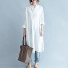 Elbow-sleeve Plain Midi Shirtdress White - One Size