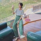 Print High-waist Suspender Wide Leg Pants