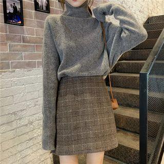 Long-sleeve Mock Neck Plain Top / High-waist Plaid Skirt