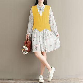 Long-sleeve Floral A-line Dress + Knit Vest