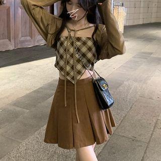 Asymmetrical Plaid Bandeau Tank Top / High-waist Pleated Skirt / Plain Cardigan