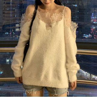 Cold-shoulder Lace Trim Sweater White - One Size