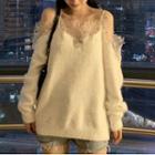 Cold-shoulder Lace Trim Sweater White - One Size