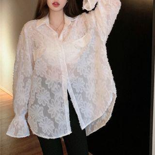 Flared-cuff Floral Embroidered Shirt / Faux Leather Pencil Skirt